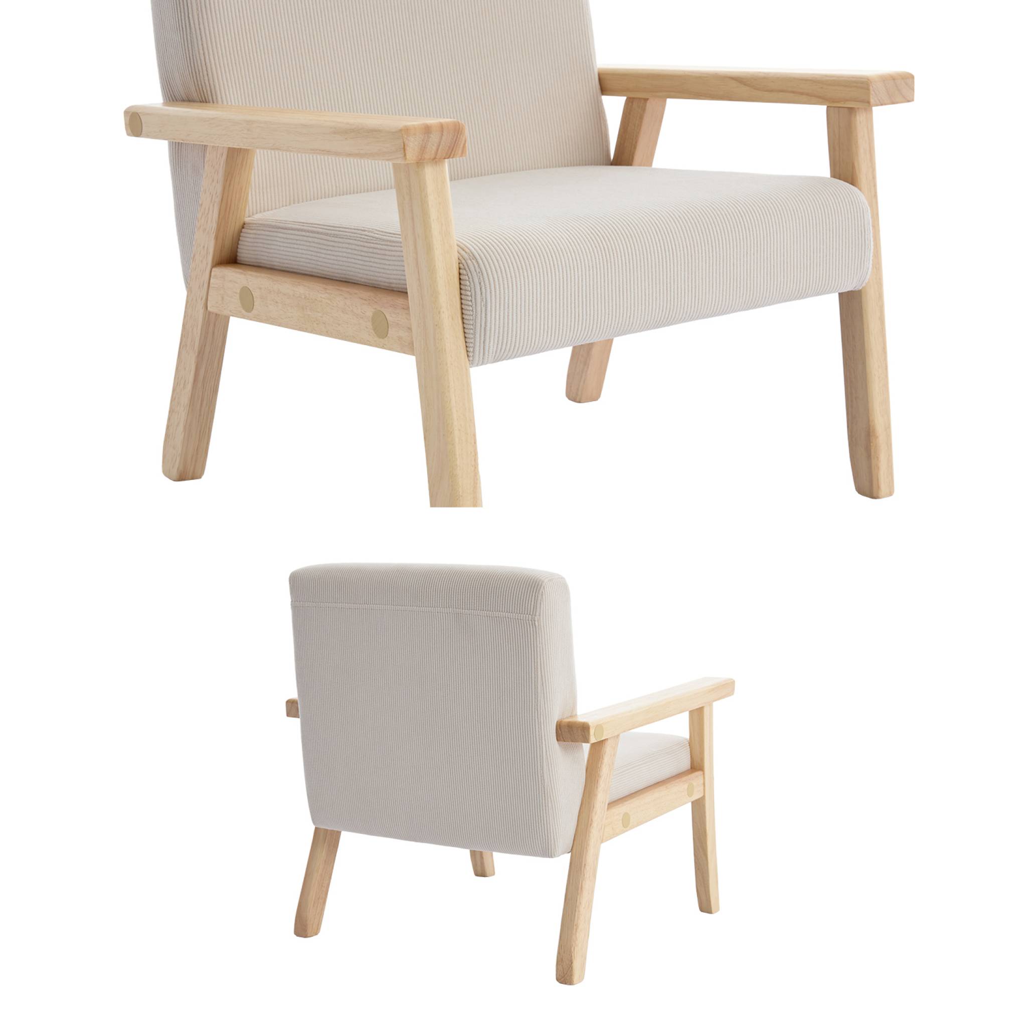 Fauteuil enfant en bois et velours côtelé crème. ISAK L 47 x P 43.5 x H 50cm
