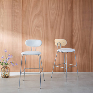 2 tabourets de bar décor bois courbé teinté chêne et tissu déperlant blanc. pieds métal chromé (lot de 2) - L 44 x P 51 x H 103cm - Erin