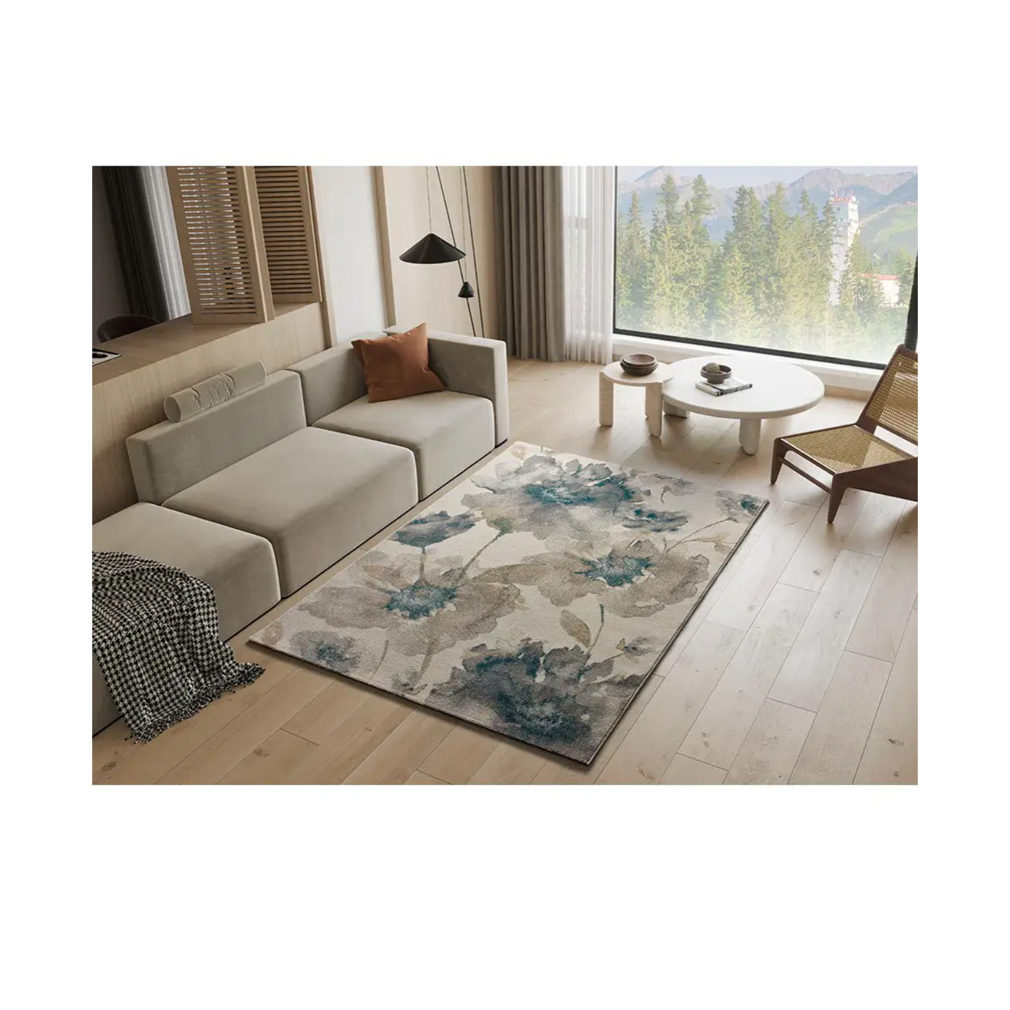 SARA Alfombra con flores en tonos beige y azules, varias medidas disponibles
