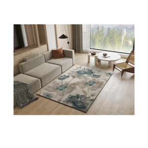 SARA Alfombra con flores en tonos beige y azules, varias medidas disponibles
