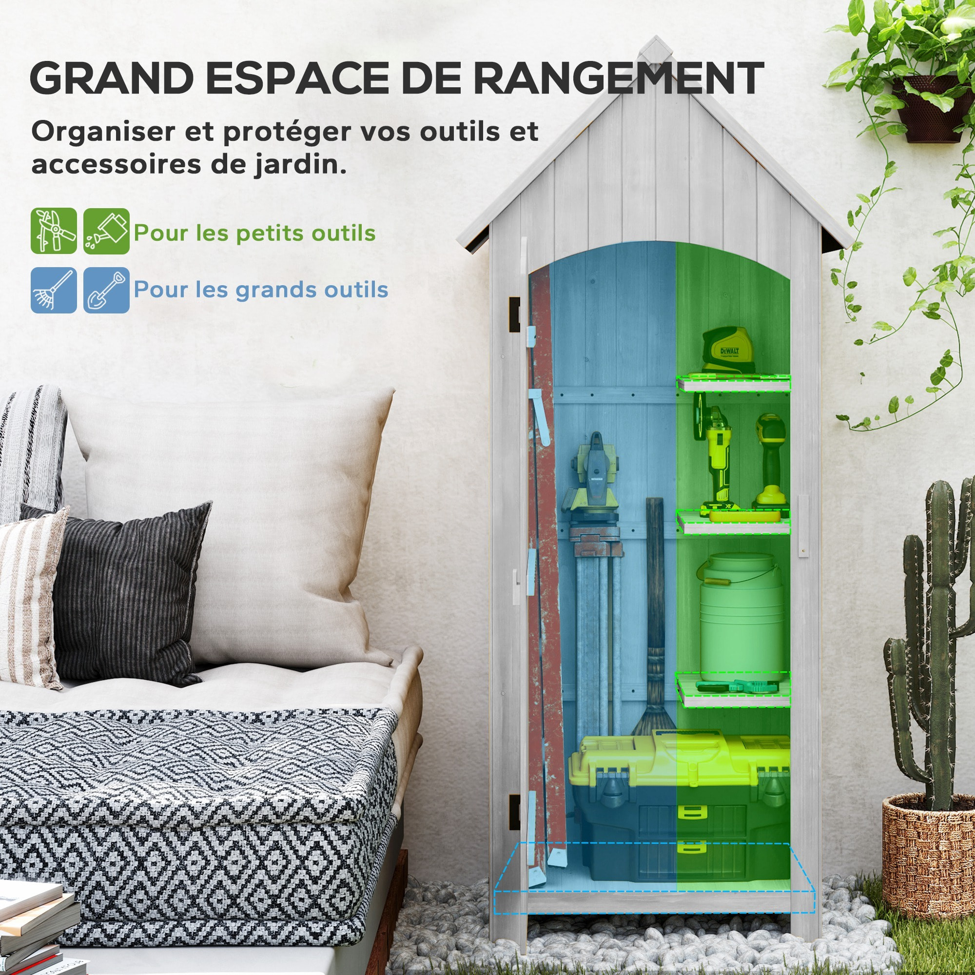Armoire abri de jardin remise pour outils 3 étagères porte loquet toit pente bitumé dim. 77L x 54l x 179H cm bois sapin pré-huilé gris