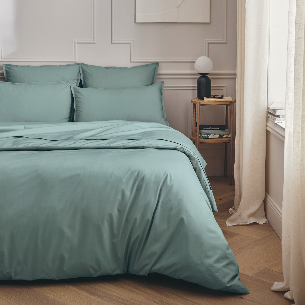 Drap plat uni en percale de coton, PREMIÈRE, Bleu Archipel