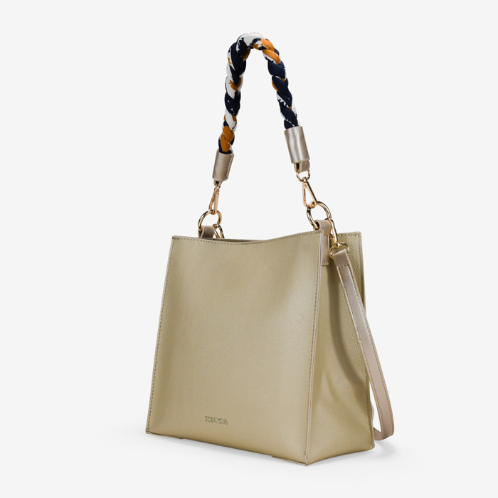 Bolso cuadrado dorado con asa de pañuelo