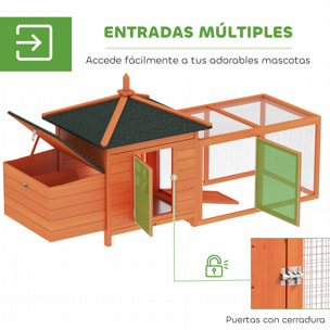 Gallinero de Madera Exterior, Jaula para Gallinas con Nidos, Corral, Bandeja Extraíble, Tapa Abatible, 196x76x97 cm, Naranja
