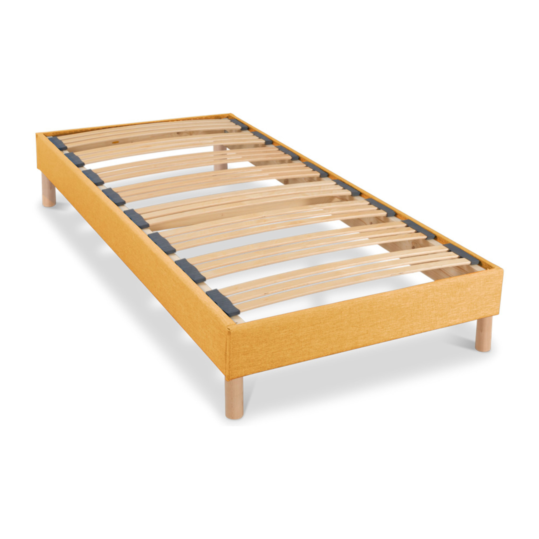 Sommier Lumière Technologie Tri-Lattes, tissu jaune, Bois Épicéa, H30 cm, Lattes Actives, Aération Optimale