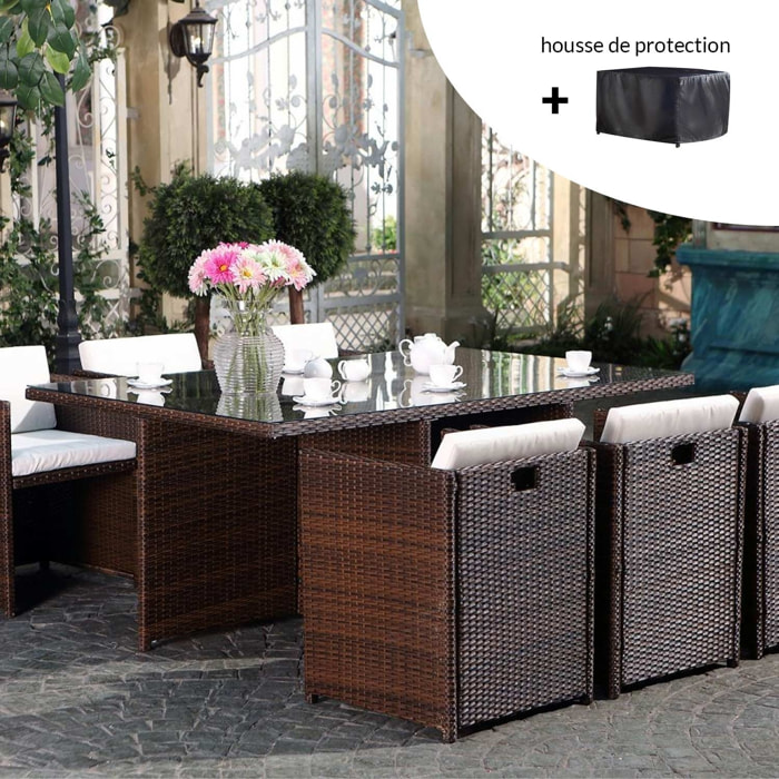 Salon de jardin 6 places marron/blanc + housse de protection REGINA
