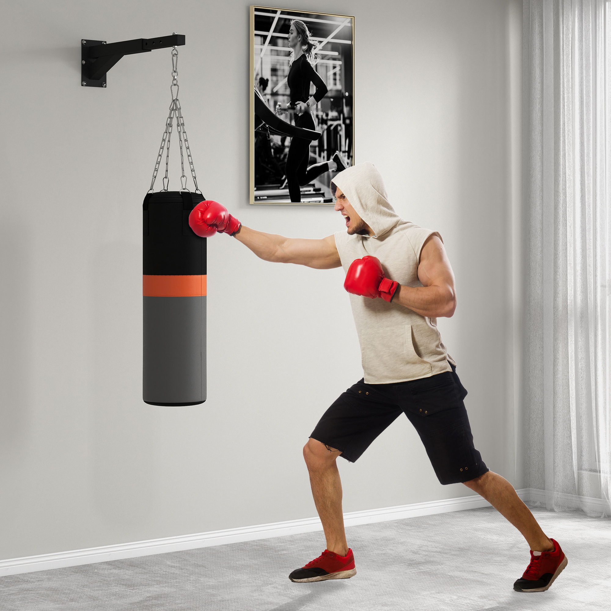 Soporte Saco Boxeo de Pared con Distancia Ajustable de 45-65 cm Gancho Giratorio de 360° y Cadenas para Entrenamiento en Gimnasio y Hogar Carga 60 kg Negro