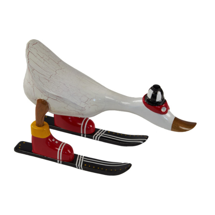 Statuette décorative Canard Skieur en Bois de Teck H. 18 cm – DAMAS