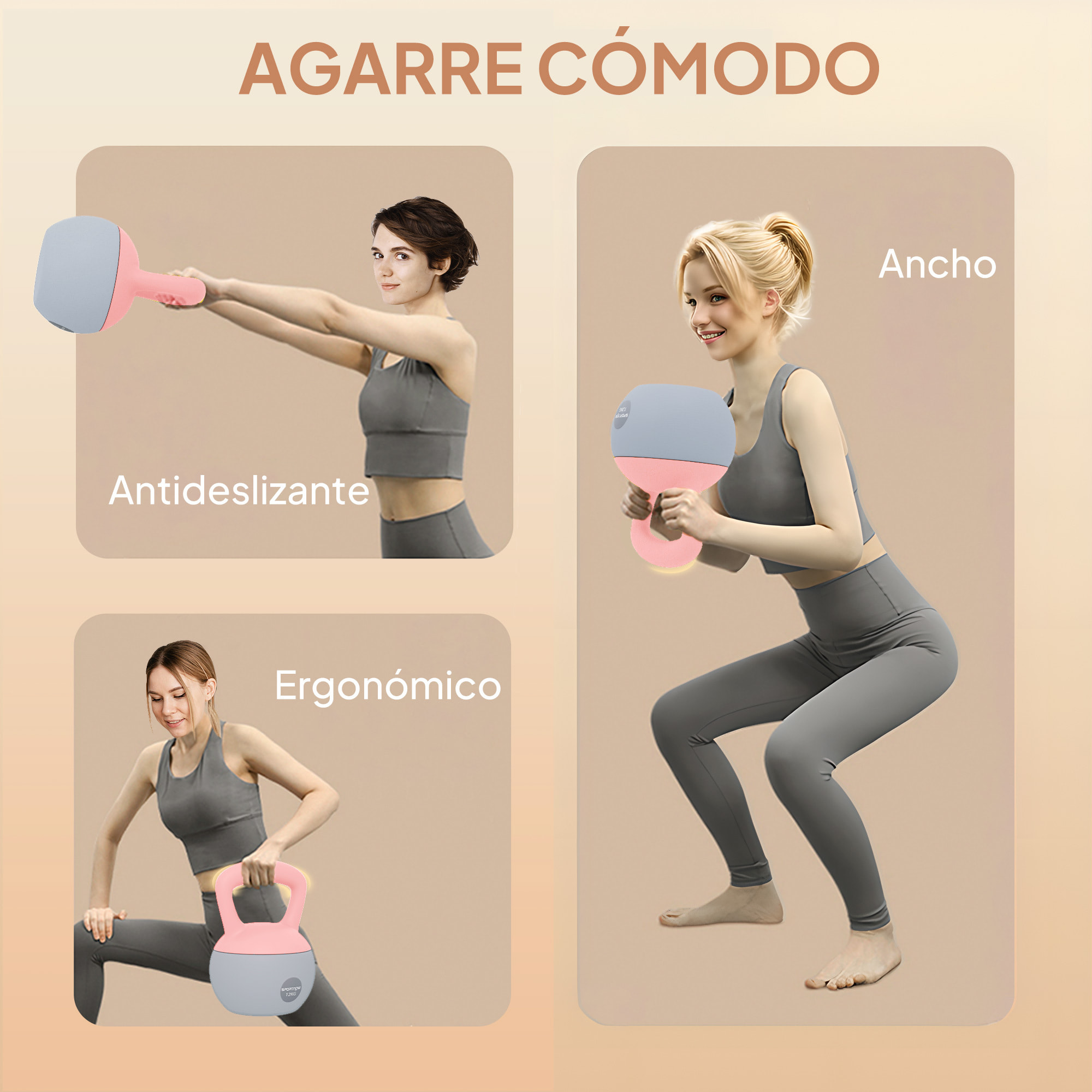 Pesa Rusa 12 kg, Soft Kettlebell Relleno de Arena Metálica y Mango Antideslizante, para Entrenamiento Culturismo en Casa, Gimnasio, Rosa Palo y Gris