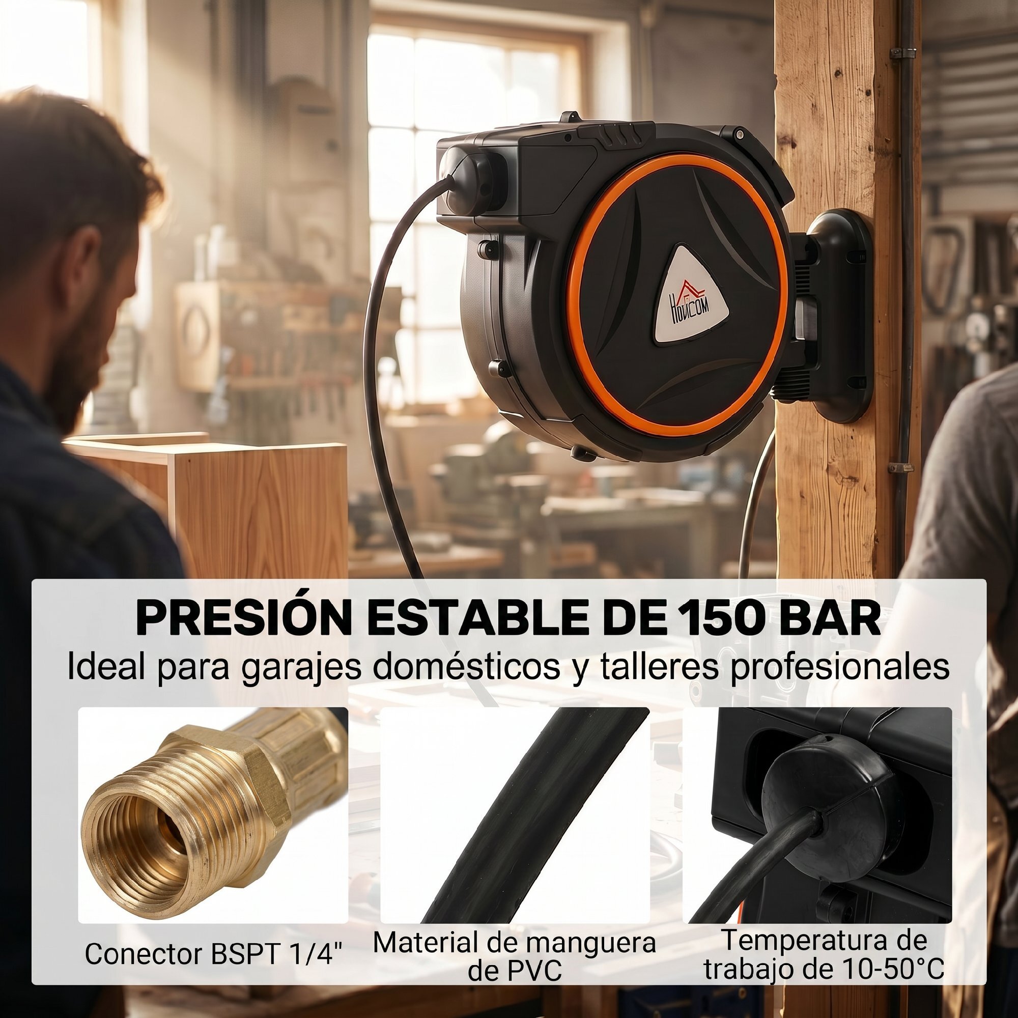 Carrete de Manguera de Aire Comprimido Automático de 20 m+2 m, Conector de 1/4'' BSP, Manguera Compresor Aire con Soporte para Pared Giratorio 180°, Negro