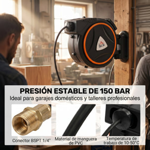 Carrete de Manguera de Aire Comprimido Automático de 20 m+2 m, Conector de 1/4'' BSP, Manguera Compresor Aire con Soporte para Pared Giratorio 180°, Negro