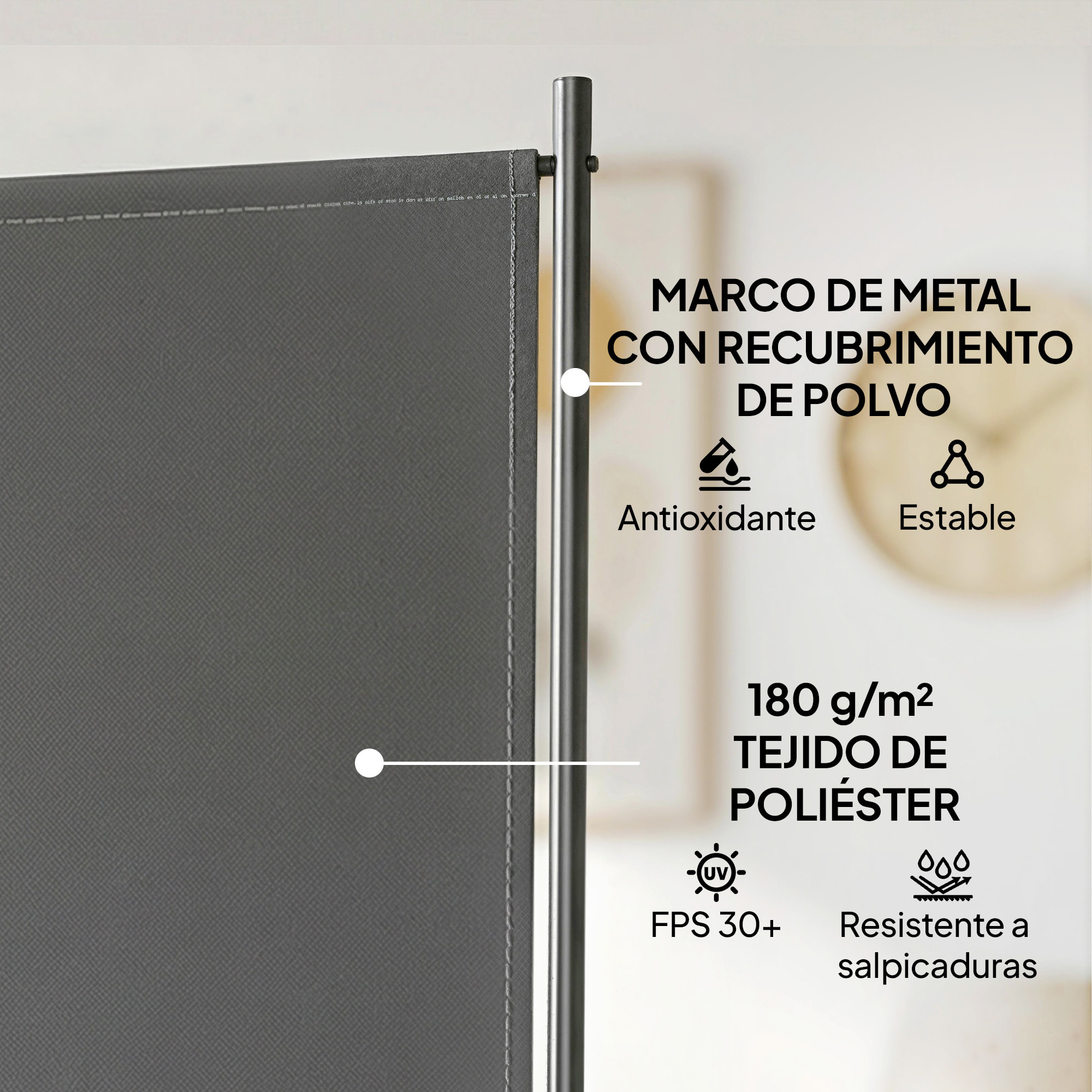 Biombo Plegable de 3 Paneles, 260x180 cm, Biombo Separador de Ambientes con Soporte de Metal, Protección UPF 30+, para Interior, Exterior, Jardín, Patio, Terraza, Gris Oscuro