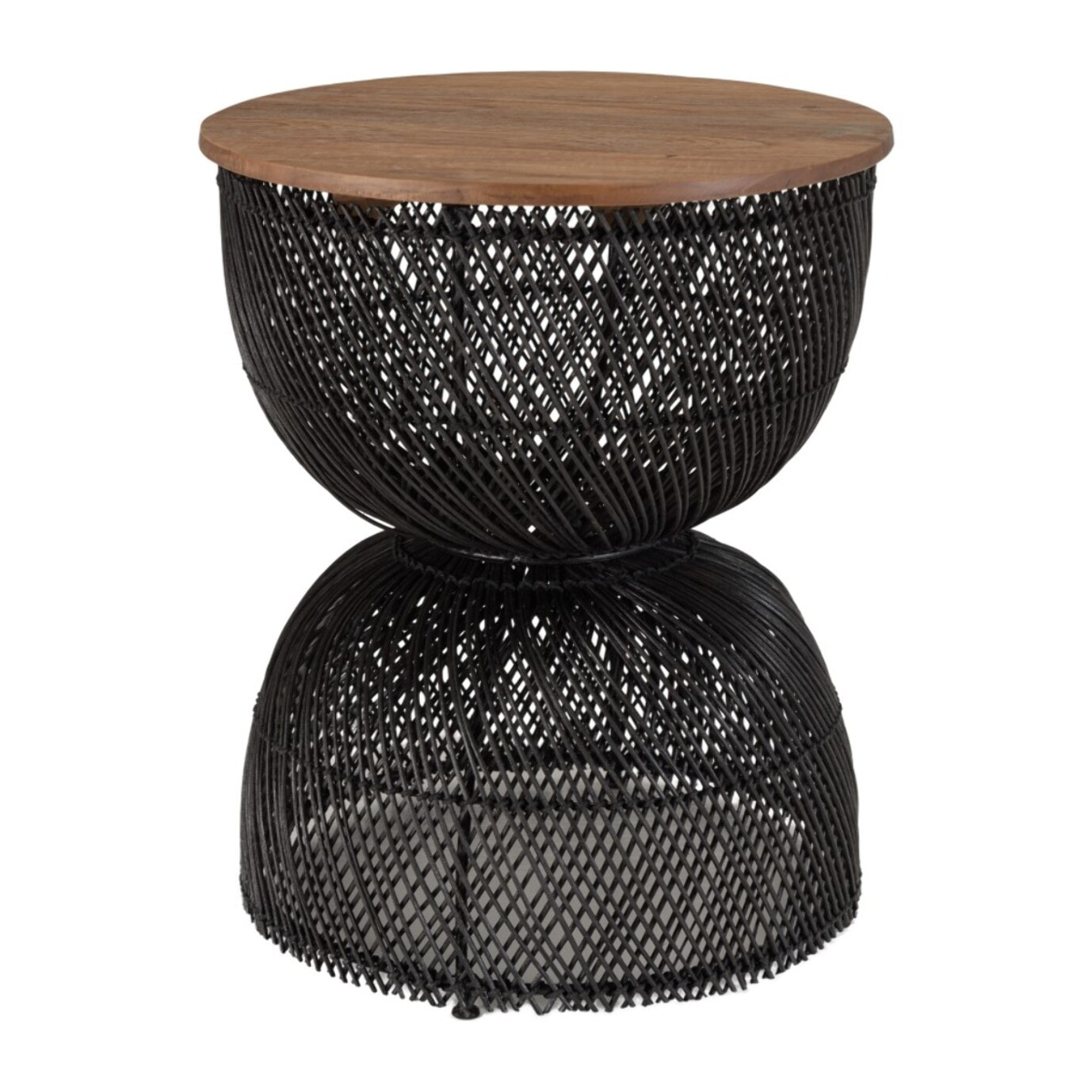 SIXTINE - Table d'appoint en rotin noir plateau en bois de teck recyclé