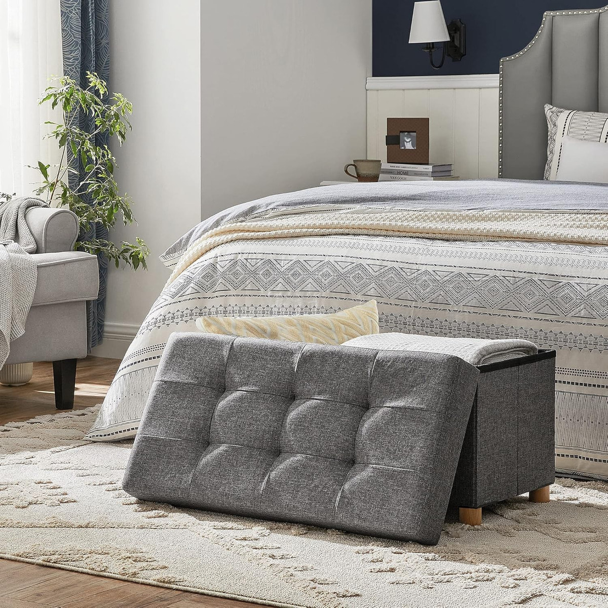 Panca pouf contenitore imbottita in grigio scuro