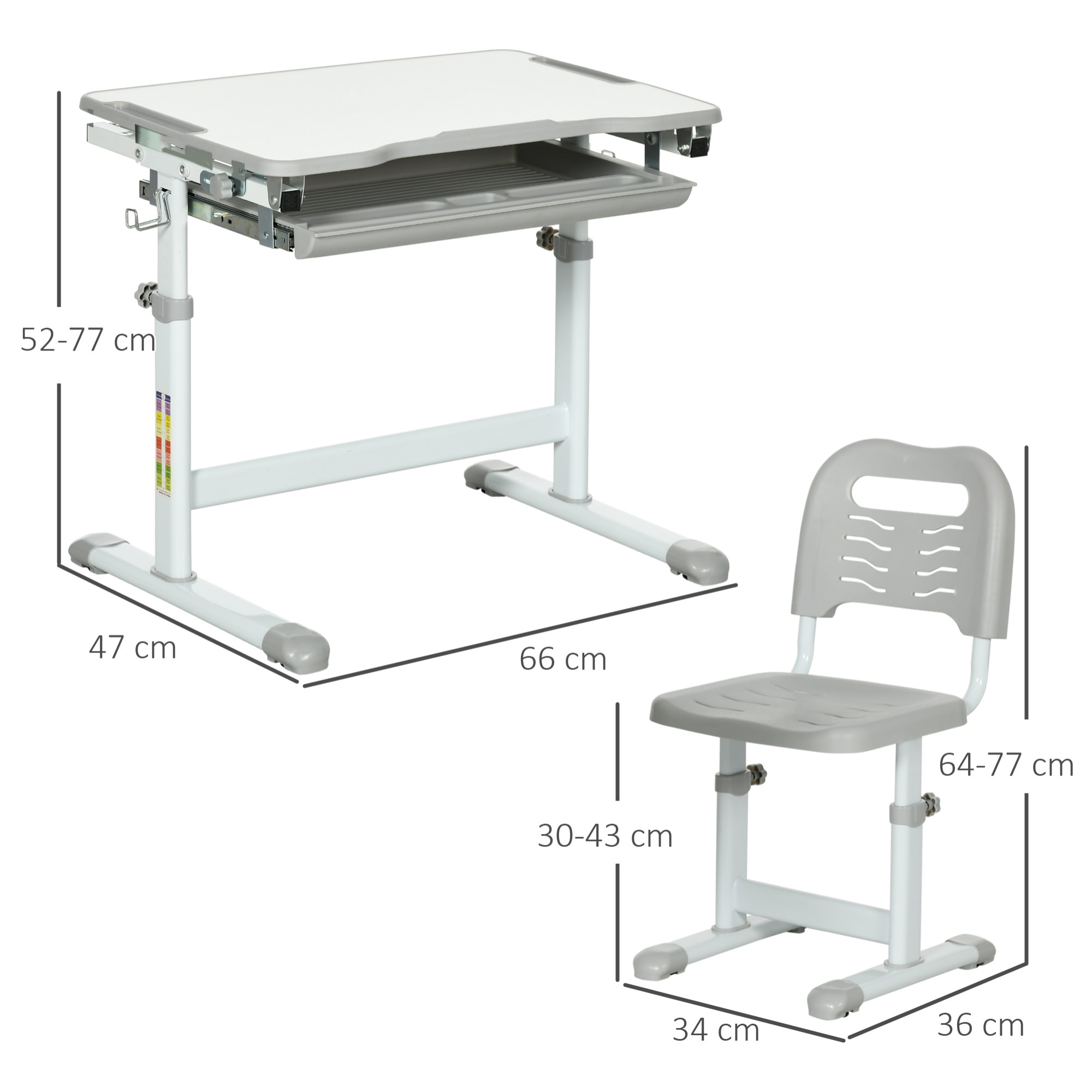 Ensemble bureau chaise enfant réglable - plateau inclinable, tiroir coulissant - acier PP gris blanc