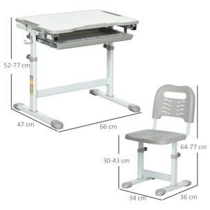 Ensemble bureau chaise enfant réglable - plateau inclinable, tiroir coulissant - acier PP gris blanc