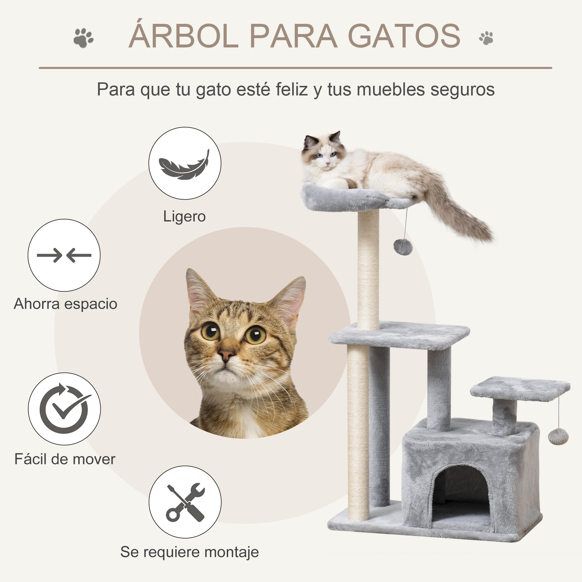 Árbol Rascador para Gatos Altura 114 cm Árbol para Gatos Torre para Gatos con Postes de Sisal 3 Plataformas Casita y 2 Bolas Colgantes Gris Claro