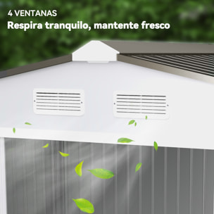 Caseta de Jardín Exterior, 5 m² 277x195x192 cm, Cobertizo de Jardín Exterior Metálico con 2 Puertas Correderas, Base Refuerzo (Suelo NO Incluido) y 4 Ventanas, Plata y Gris