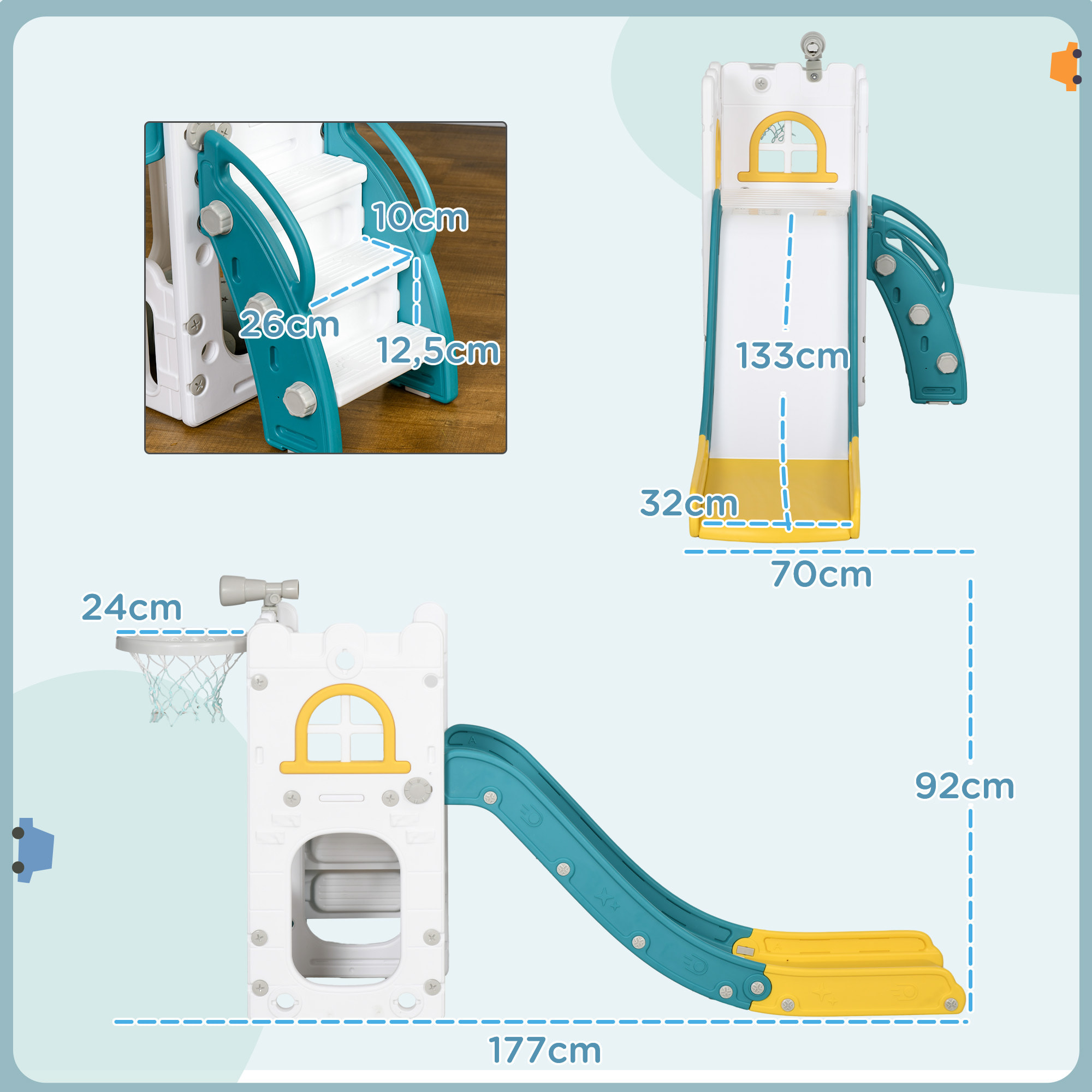 Toboggan pour enfant multifonction - télescope, panier basketball, espace rangement - HDPE blanc vert turquoise