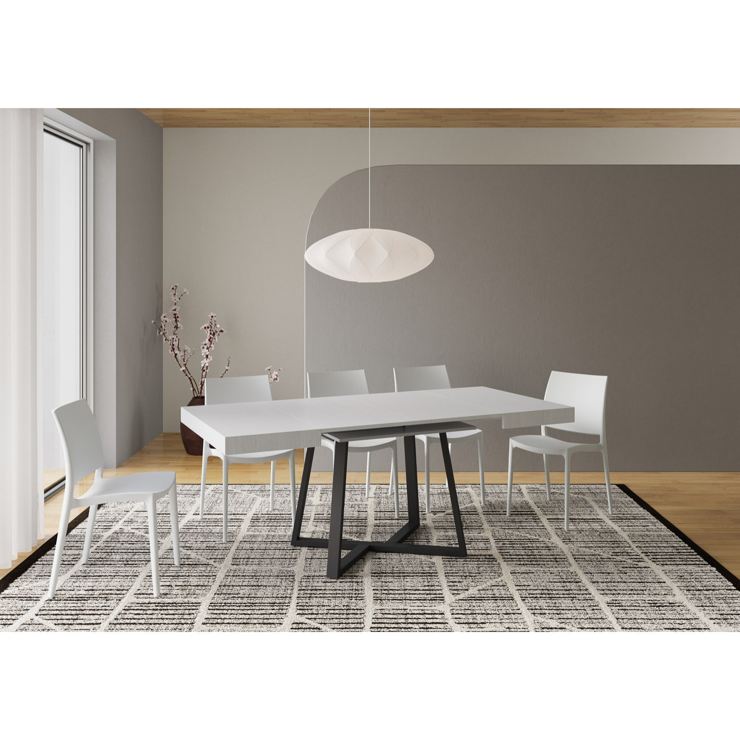 Table extensible 90x90/194 cm Zeplir frêne blanc pieds anthracite