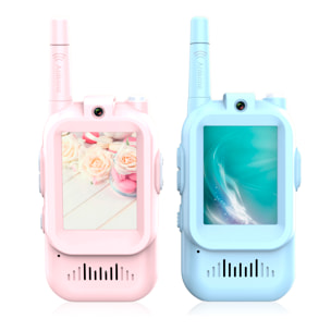 Walkie-Talkie per bambini con intercomunicatore video e 4 modalità di visualizzazione. 150-500 metri di connessione chiara, schermo da 2" e 4 modalità vocali.