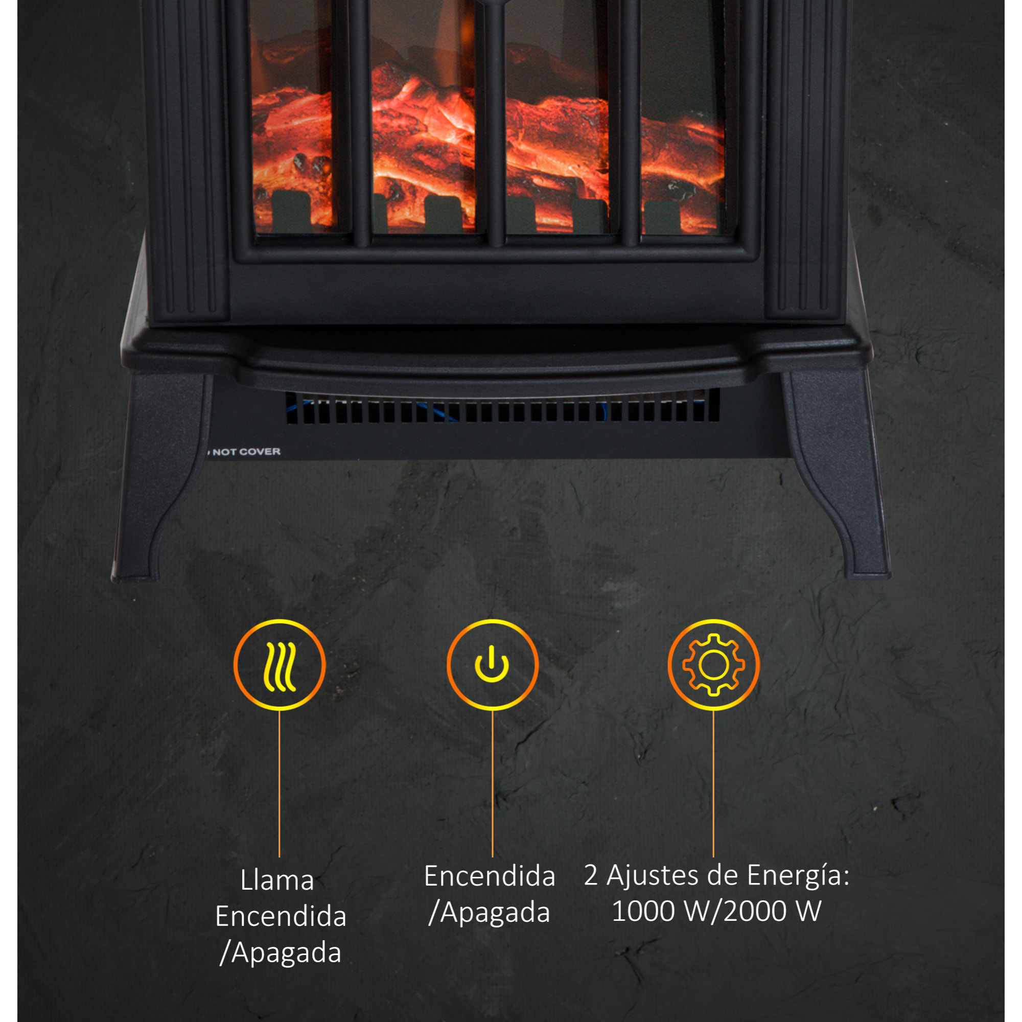 Chimenea Eléctrica de Pie Calefactor Estufa 900/1800W 36.5x24x41.5cm Acero