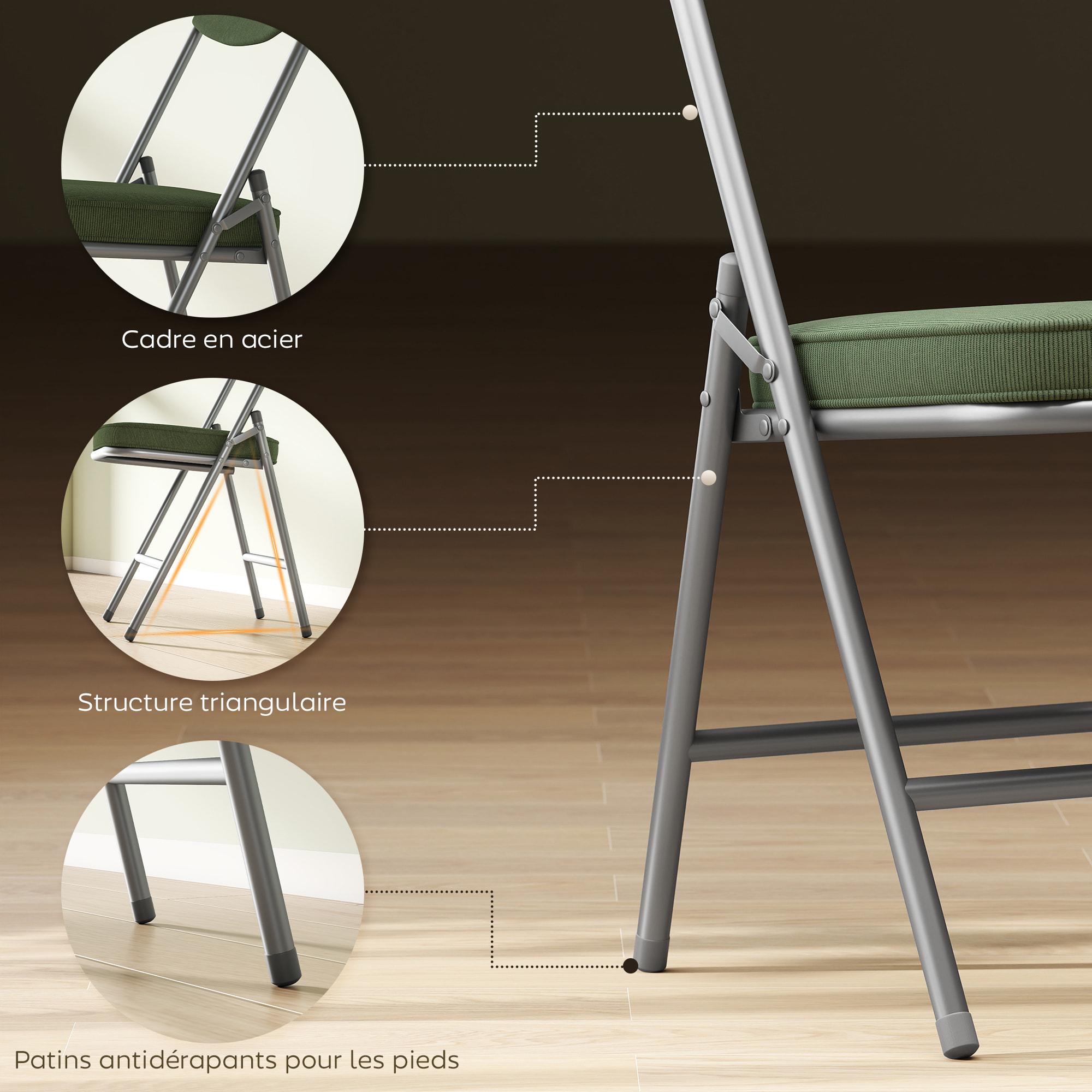 Lot de 4 chaises pliantes acier velours côtelé vert