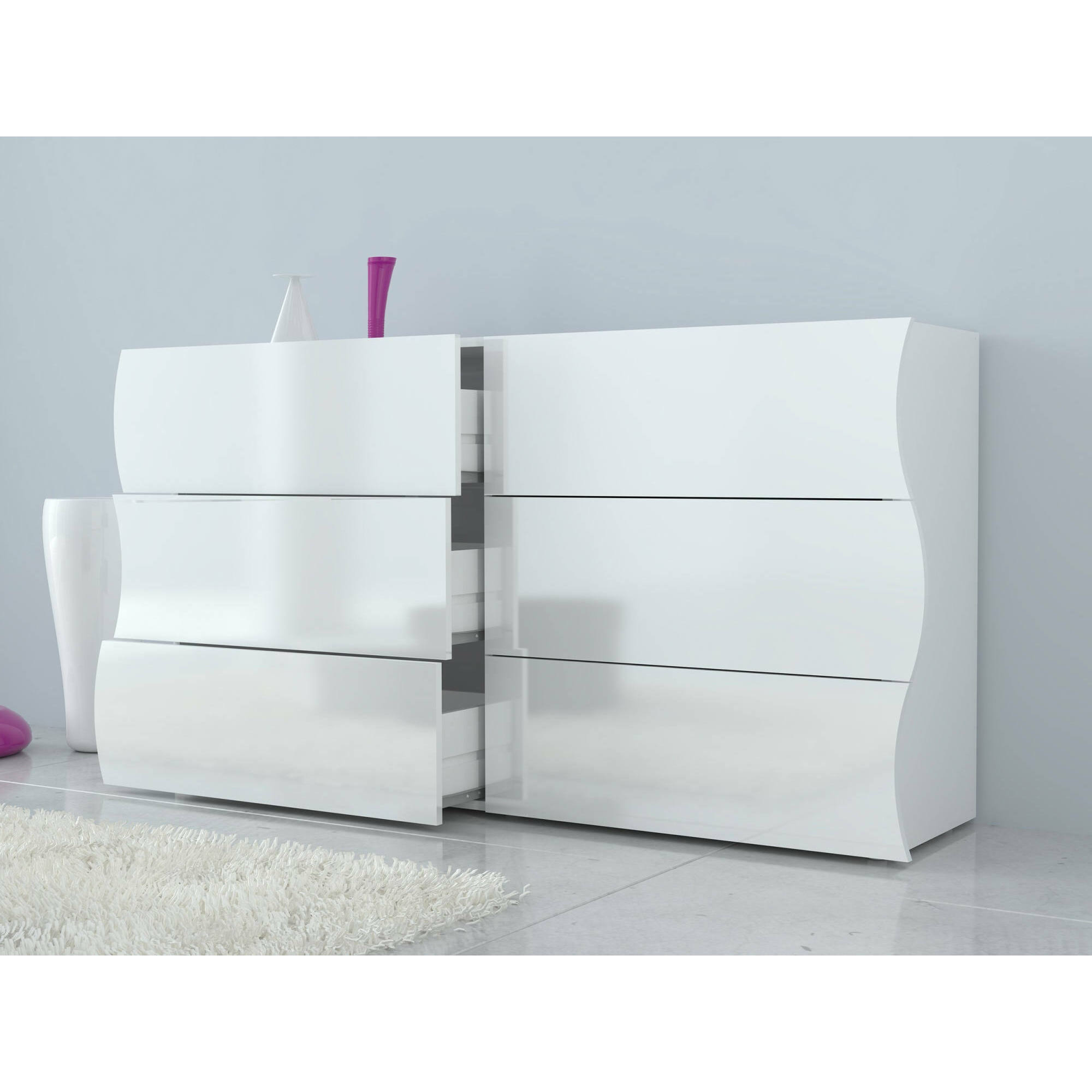 Comò ondulato, Made in Italy, Mobiletto per Soggiorno e Camera, Credenza 6 cassetti, colore Bianco lucido, cm 155x40h82