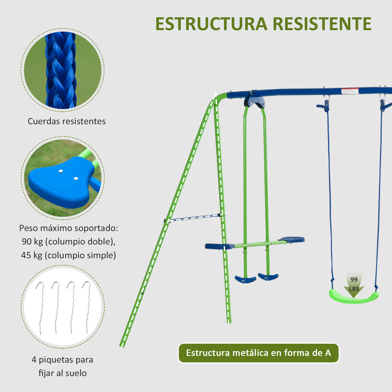 Juego de Columpios de Jardín de Metal con Altura Ajustable Columpios para Niños de +3 Años con Columpio Doble Balancín para Patio Terraza 280x140x178 cm Verde