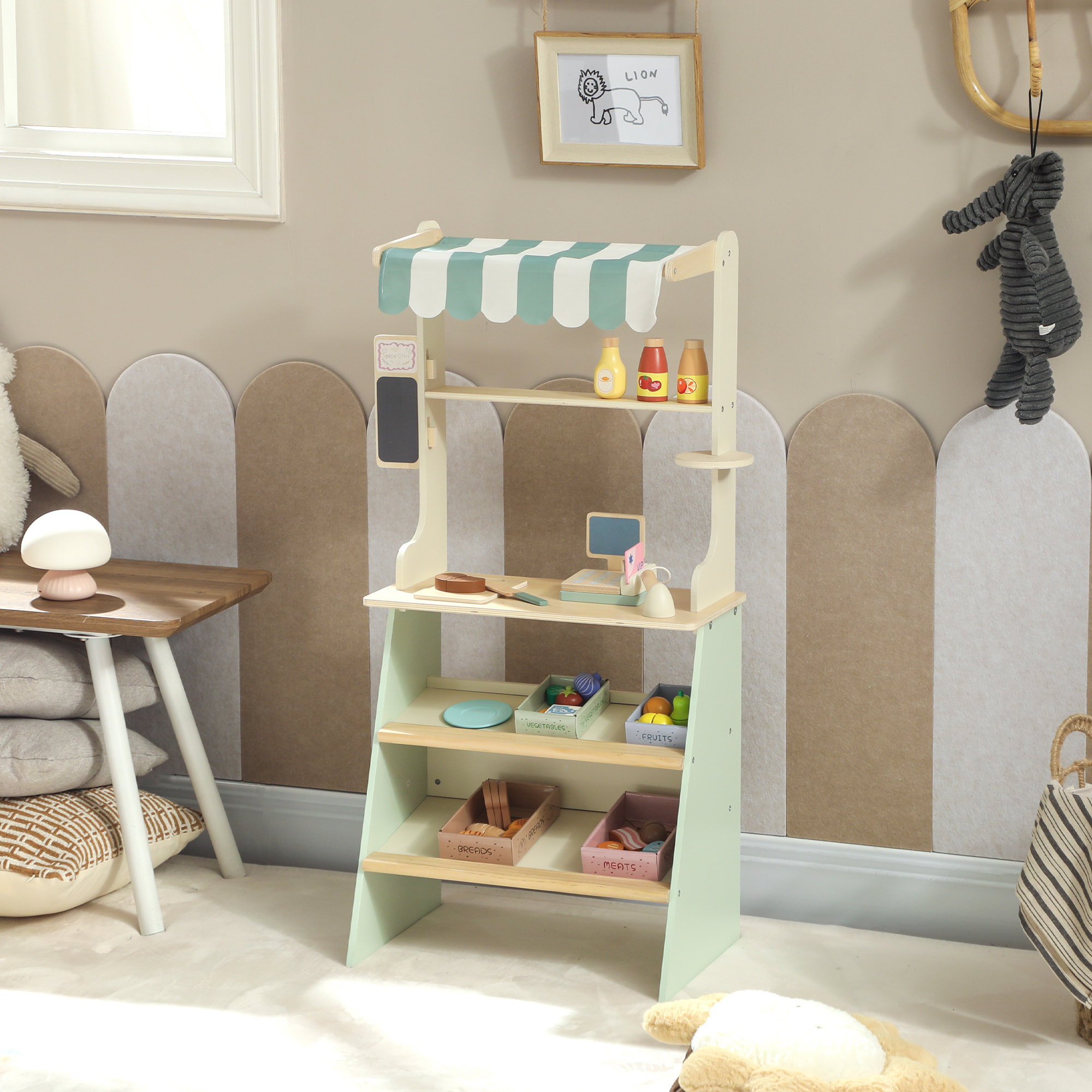 Jeu de la marchande en bois - jeu imitation supermarché enfant - nombreux accessoires - bois clair vert d'eau