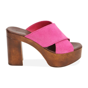 Zoccoli platform fucsia in camoscio, tacco 10,5 cm