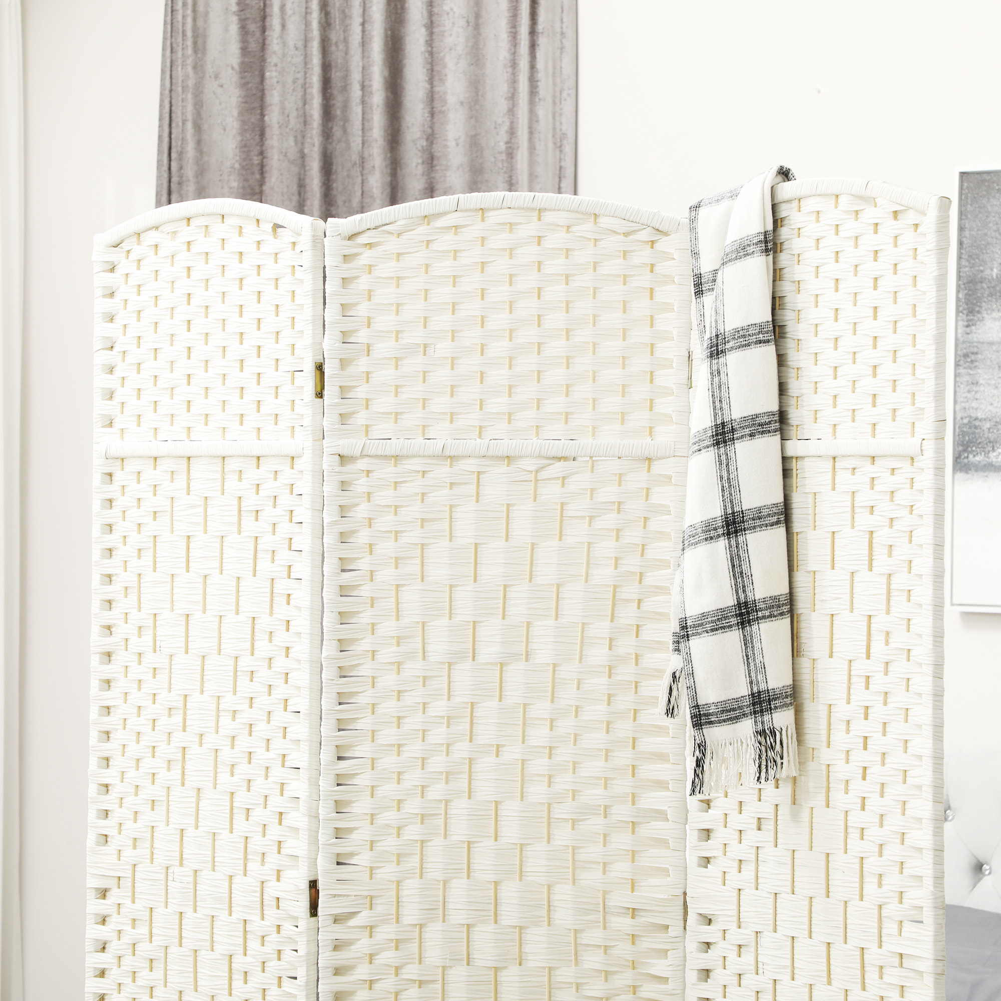Paravent intérieur 3 panneaux pliables en bois séparateur de pièce style bohème tissé blanc