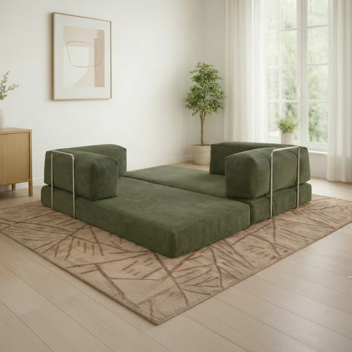 TRENDY - Canapé compressé 3 places modulable en velours côtelé kaki