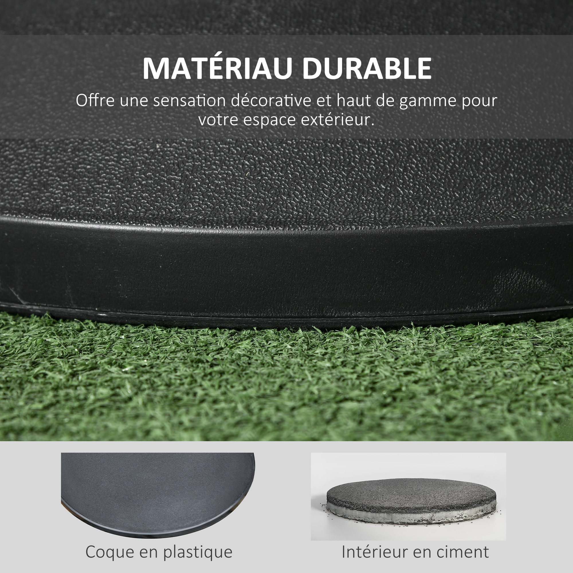 Pied de parasol rond dia. 49cm poids net 25Kg ciment PP noir