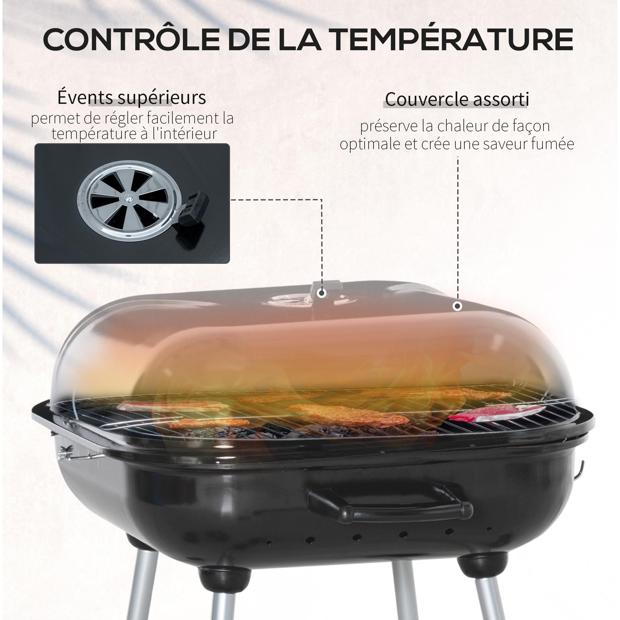 Barbecue à charbon - BBQ grill sur pied avec couvercle, roulettes - étagère, 3 crochets, 3 ustensiles, 2 grilles - acier émaillé noir