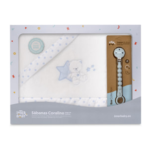 Triptico Cuna Coralina Modelo Osito Sentado + Broche Bco/Azul