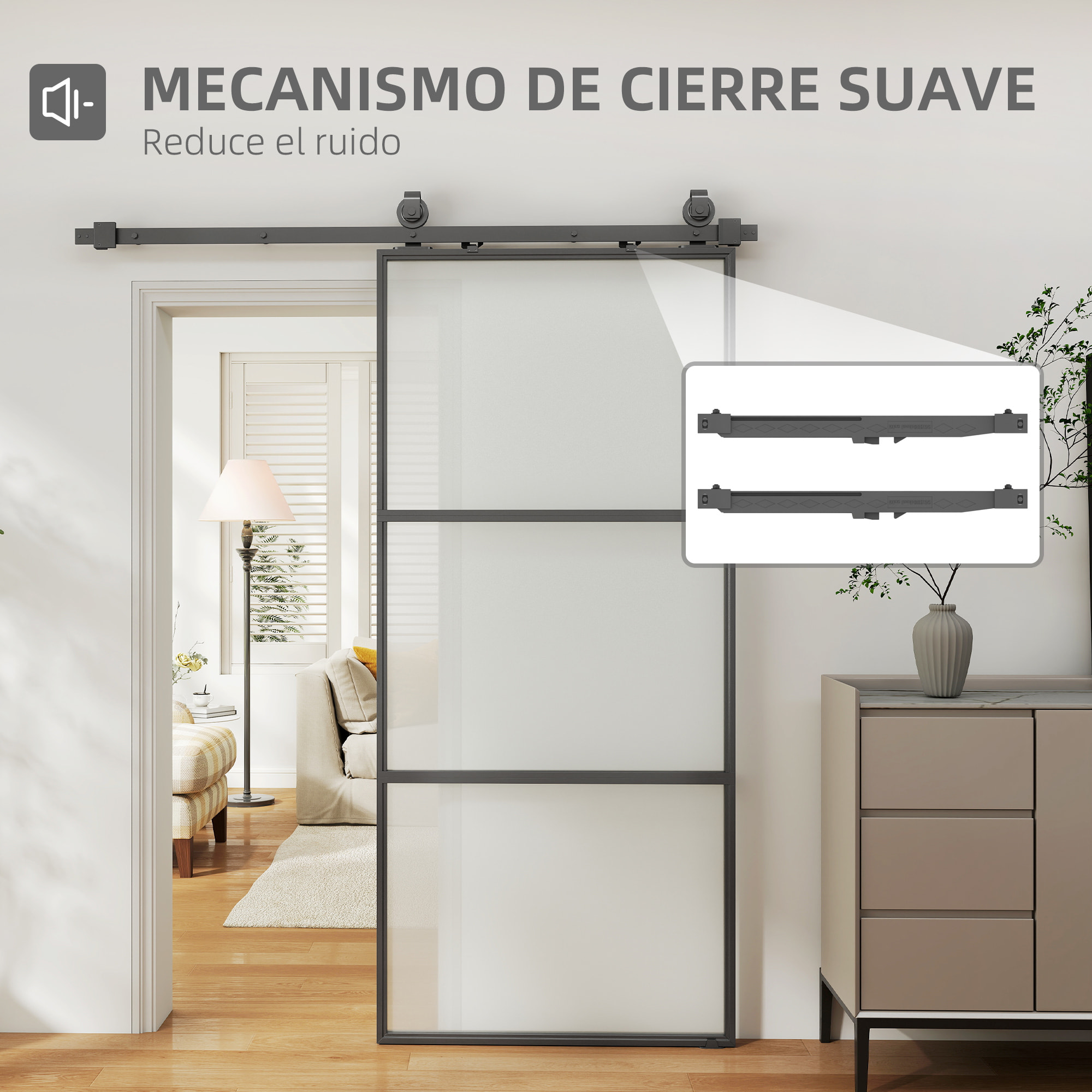 Puerta Corredera con Herrajes Puerta Corredera de Cristal con Mecanismo Cierre Suave para Baño Salón Sala de Estar Cocina 91,4x203,2 cm Negro