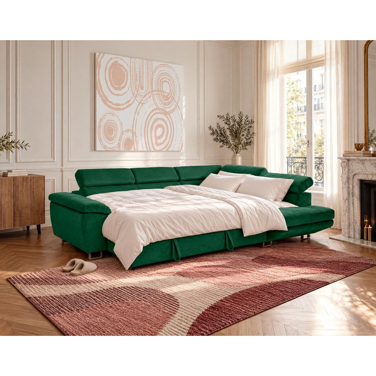 Dimas - canapé d'angle droit 5 places - convertible avec coffre et têtières réglables - en velours - Vert