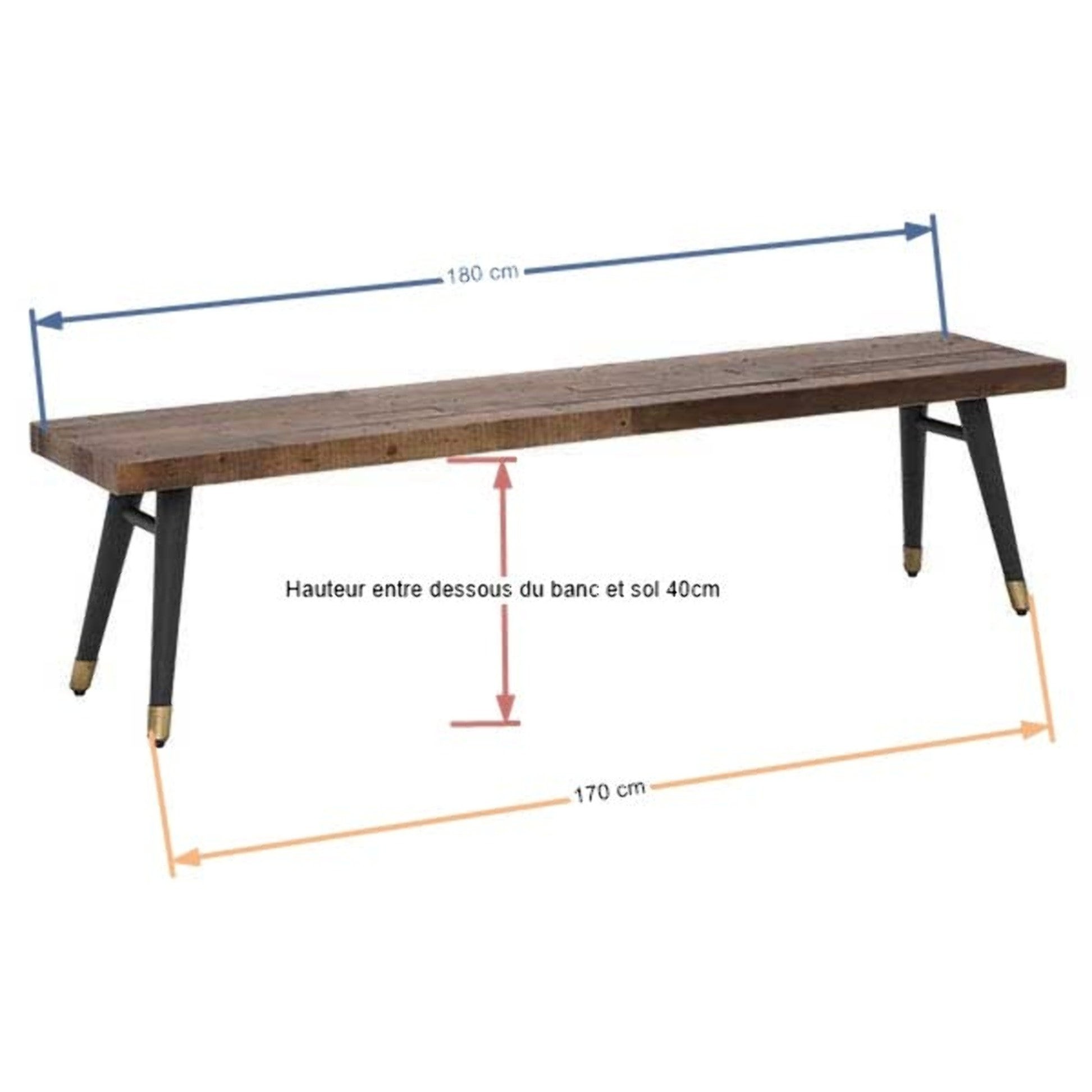 Banc de table bois recyclé piètement effet laiton vieilli 180 cm ADÉLAÏDE