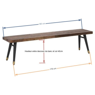 Banc de table bois recyclé piètement effet laiton vieilli 180 cm ADÉLAÏDE