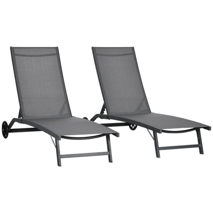 Pack de 2 Tumbonas de Jardín Exterior Tumbonas Reclinables de Aluminio con Respaldo Ajustable de 5 Niveles y Ruedas para Playa Piscina 165x66x102 cm Gris Oscuro