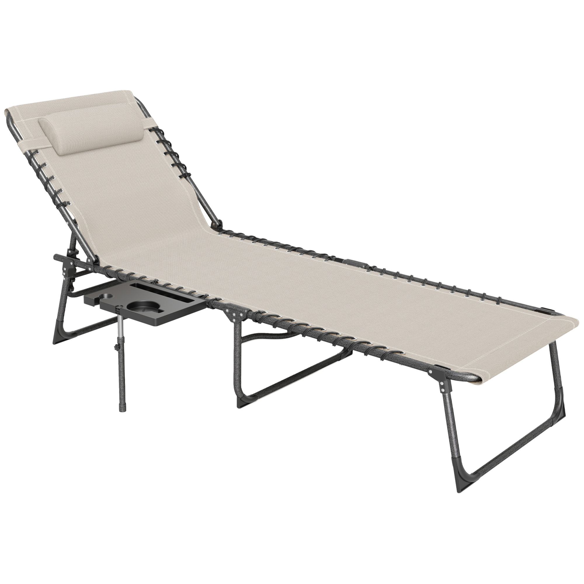 Tumbona Plegable Tumbona Jardín Exterior con Respaldo Ajustable Reposacabezas Bolsillo Lateral Bandeja y Estructura de Acero Carga 120 kg para Terraza Piscina Playa 190x60x31 cm Crema