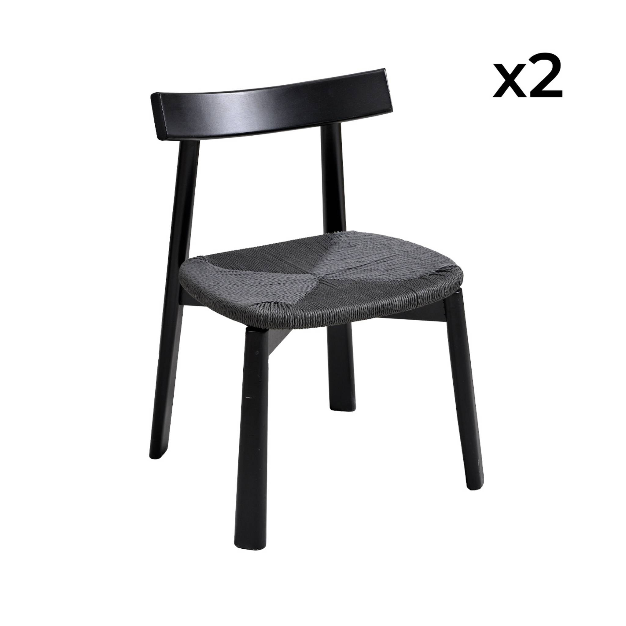 Lot de 2 chaises scandinaves en bois d'hévéa noir et assise en corde noire