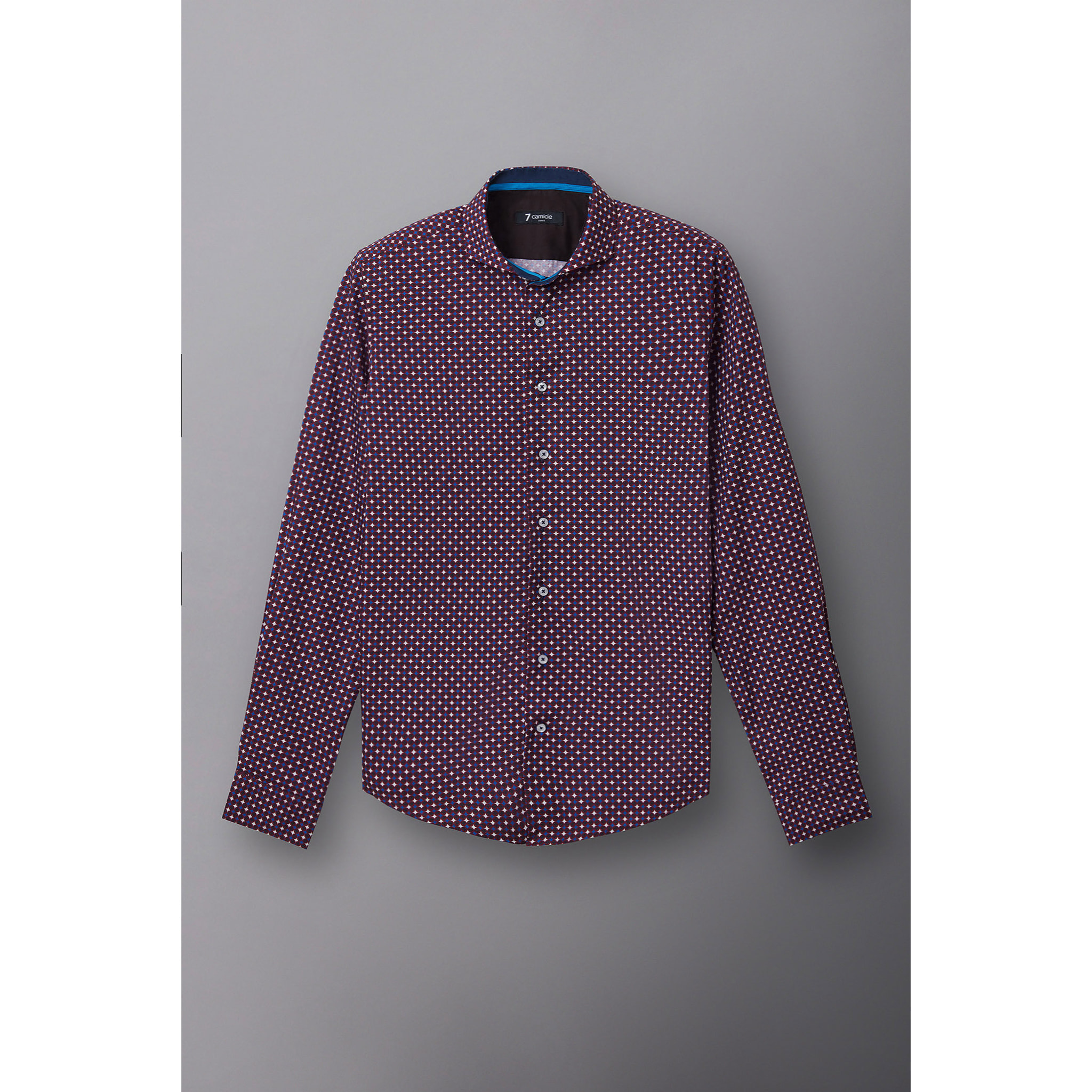 Camicia Uomo 1 Bottone Francese Slim Popeline Stampato Rosso Bordeaux/Bianco