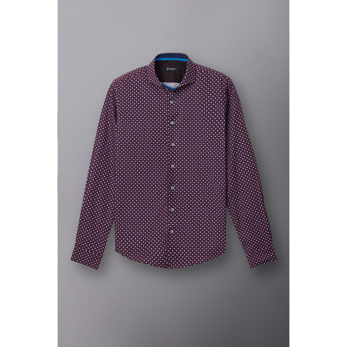 Camicia Uomo 1 Bottone Francese Slim Popeline Stampato Rosso Bordeaux/Bianco