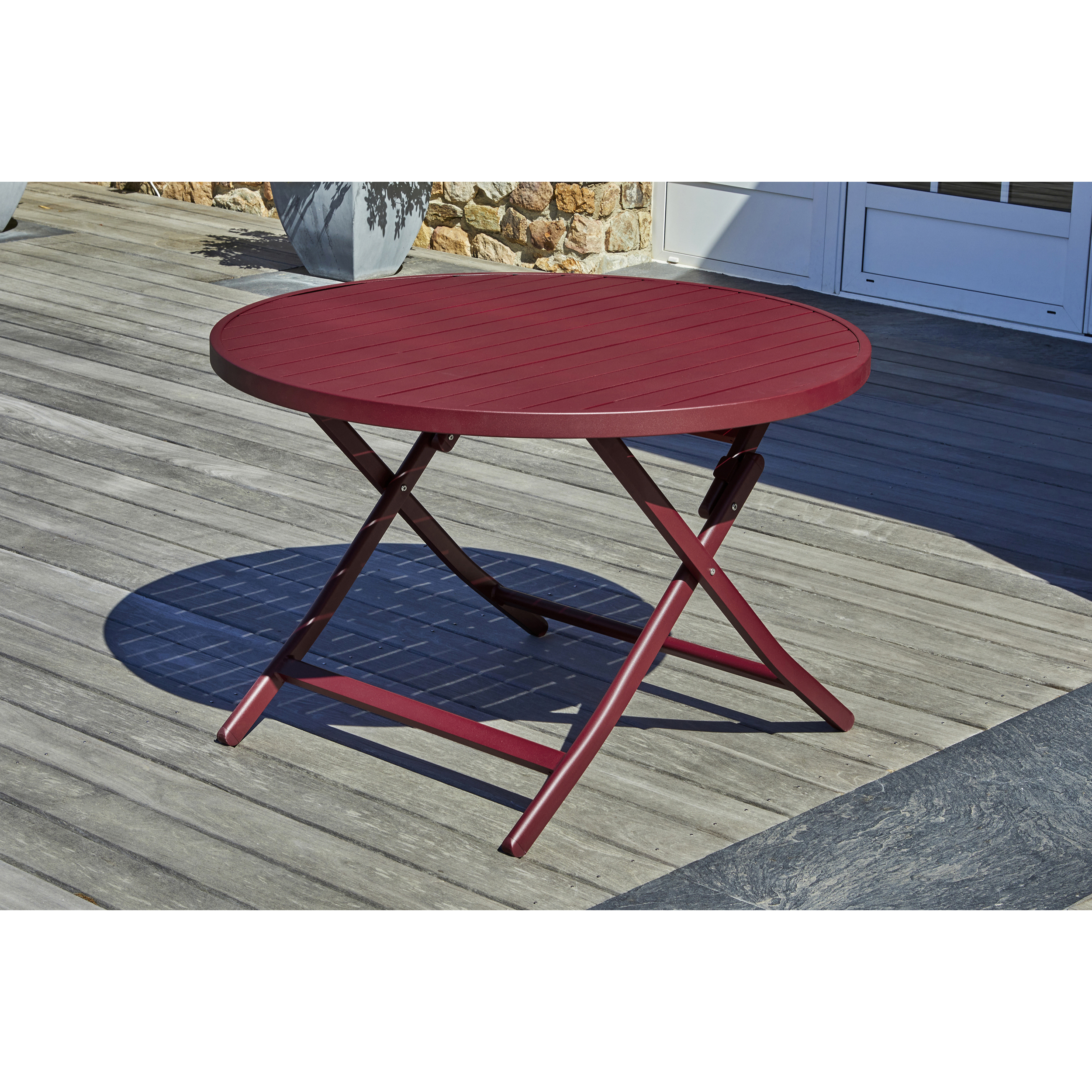 MARIUS - Table de jardin ronde pliante en aluminium rouge carmin