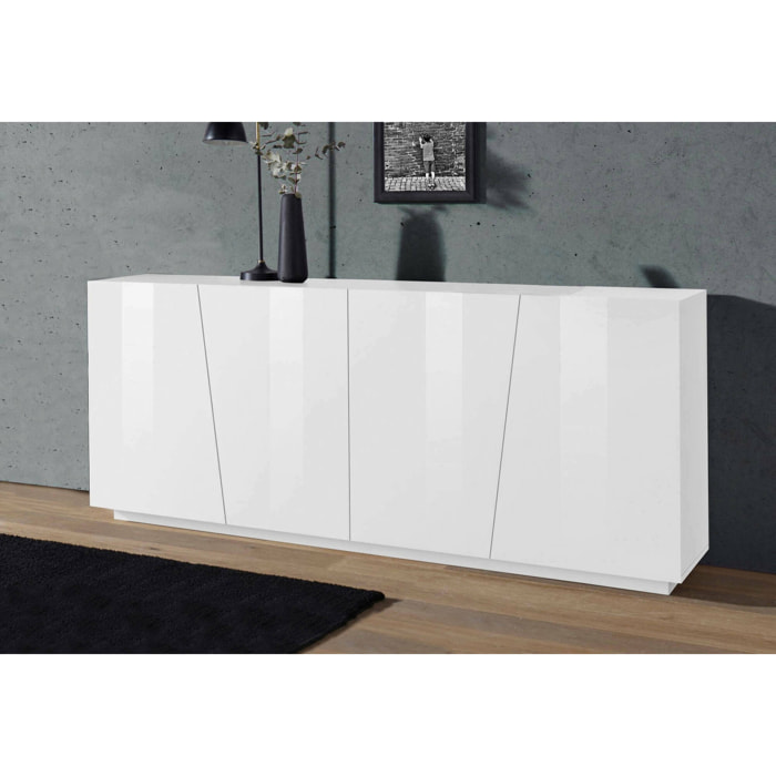 Credenza moderna a 4 ante, Made in Italy, Madia da cucina, Buffet di design da soggiorno, cm 200x43h86, colore Bianco lucido