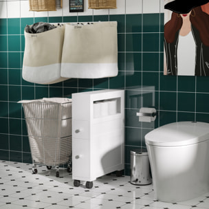 Armario de Baño con Ruedas Mueble de Baño Estrecho con 2 Cajones y Estante de Almacenamiento Carga 20 kg 16x52x71,5 cm Blanco