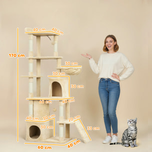 Árbol Rascador para Gatos Grande, Árbol para Gatos, Altura 170 cm, Torre de Escalada con 7 Postes, 1 Túnel, 3 Plataformas, 2 Cuevas, 1 Hamaca, 1 Percha, 1 Rampa, Pompones, Beige