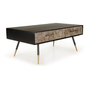 DALIE - Table basse noire rectangulaire 2 tiroirs scandi bois sapin marqueté pieds métal doré